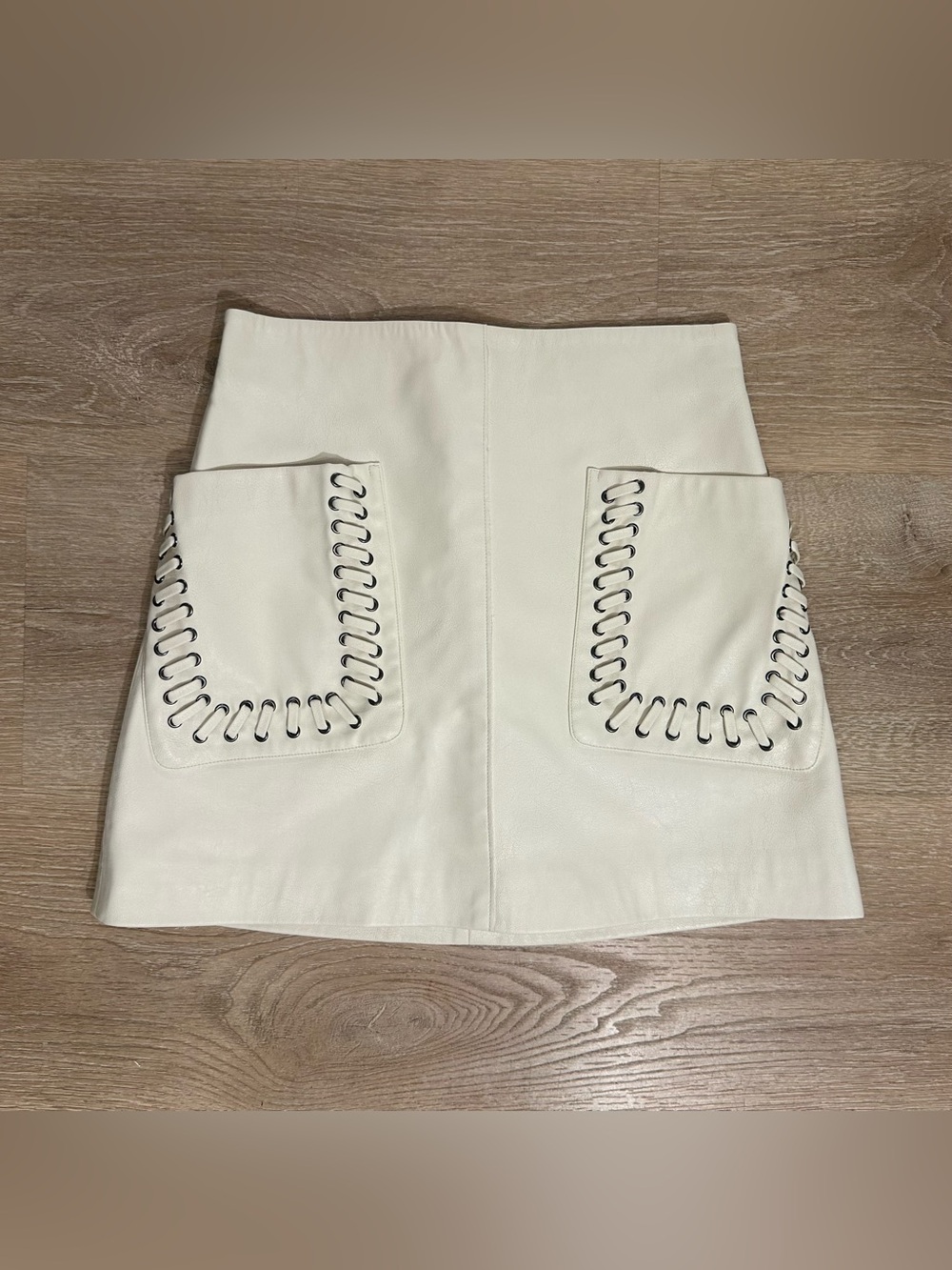 H&M Cream Leather Mini Skirt with Laced Patch Pockets